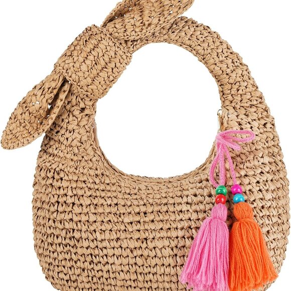 Compact Straw Handbag with Colorful Tassels and Bow - Ideal for Summer Fun - Picture 1 of 6